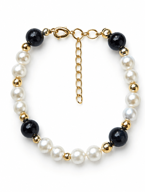 Handmade Blue Sandstone and faux pearl bracelet with gold-tone accents