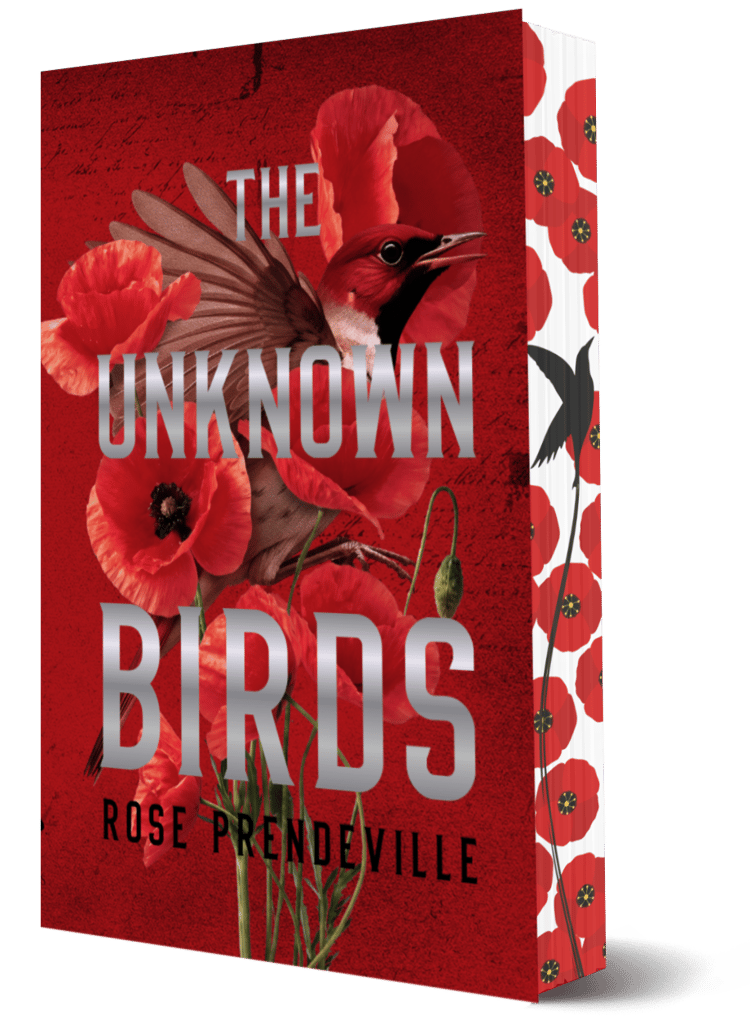 The Unknown Birds, with shiny silver foiled title text and a poppy and black bird motif on the edges.