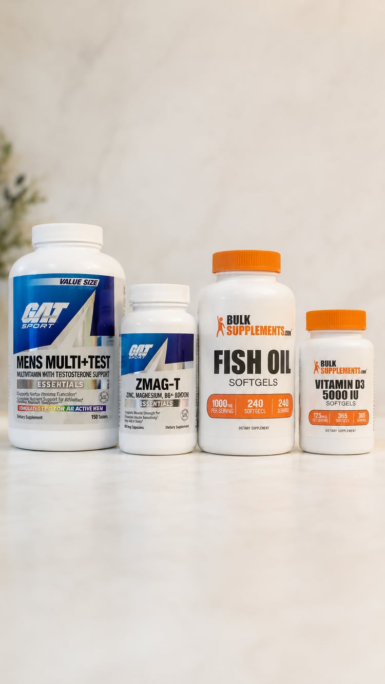 Men's daily supplement lineup featuring a multivitamin, ZMAG-T zinc and magnesium supplement, fish oil softgels, and vitamin D3 supplements.