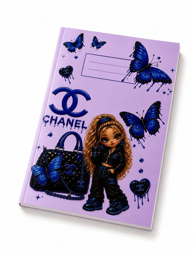 Lilac A5 notebook with vivid blue butterfly and fashion-inspired cover artwork and blank name panel.