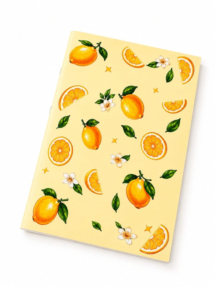 Yellow A5 notebook with illustrated lemons, orange slices, green leaves and white blossoms
