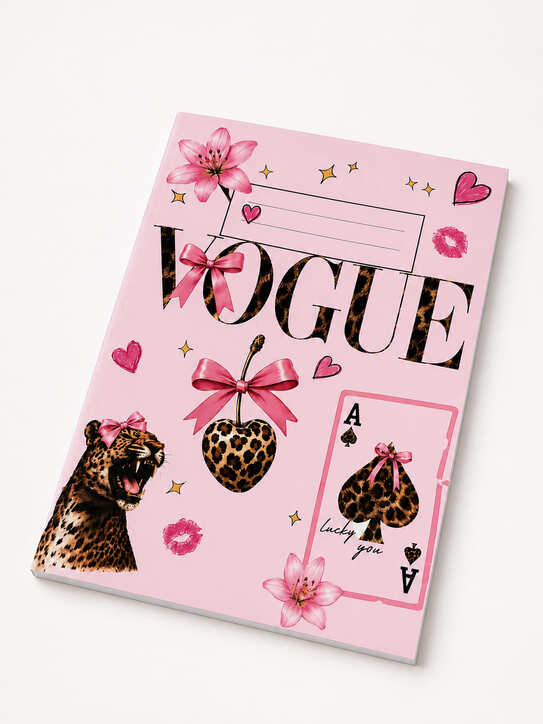 Pink fashion-inspired notebook with leopard print, bows, hearts, flowers and playing-card collage design
