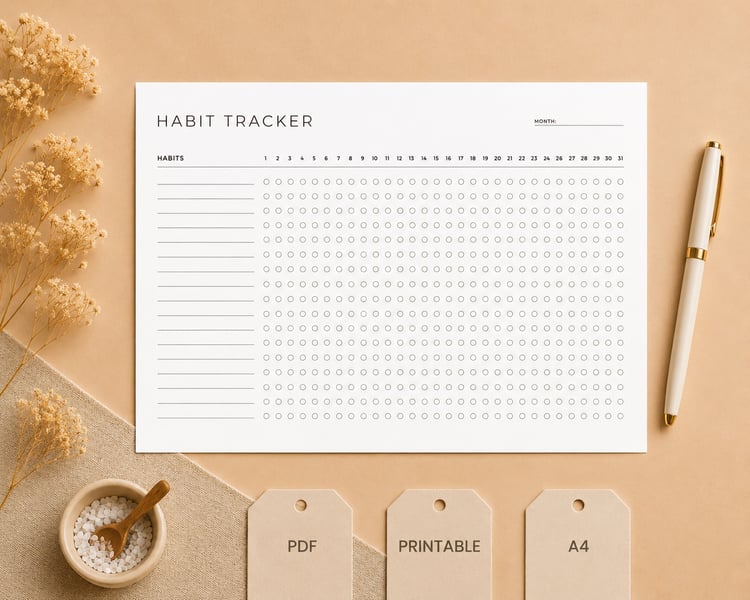 Minimalist monthly habit tracker printable with dot grid, track up to 15 habits for 31 days, PDF instant download