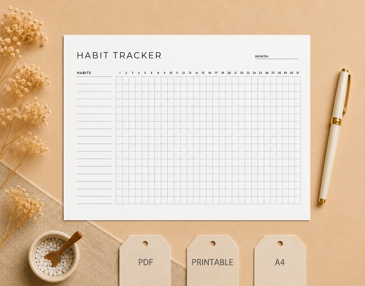 Simple monthly habit tracker printable with clean grid layout, minimalist planner insert for daily habits, PDF