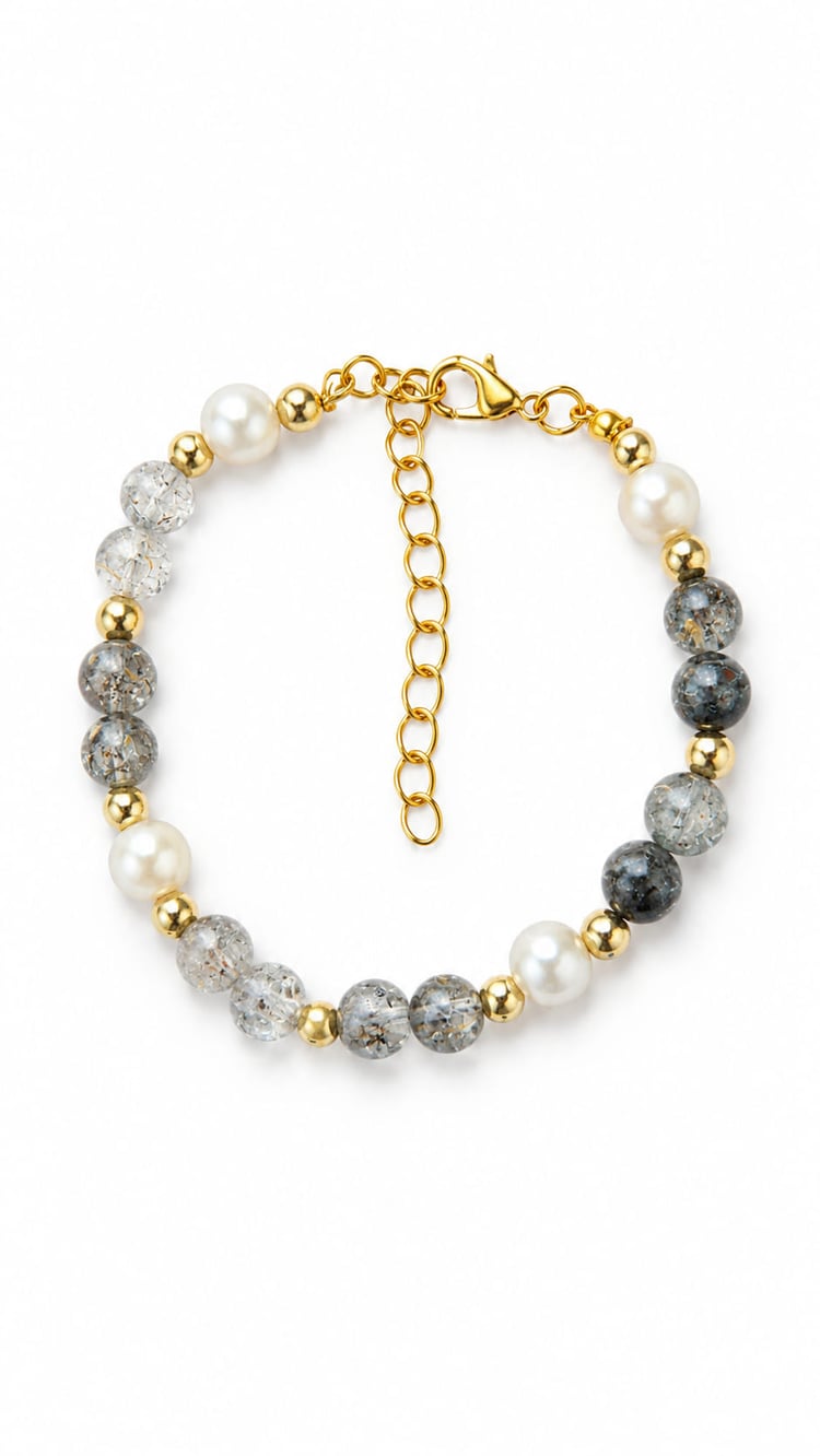 Handmade grey crackle bead and faux pearl bracelet with gold-tone accents