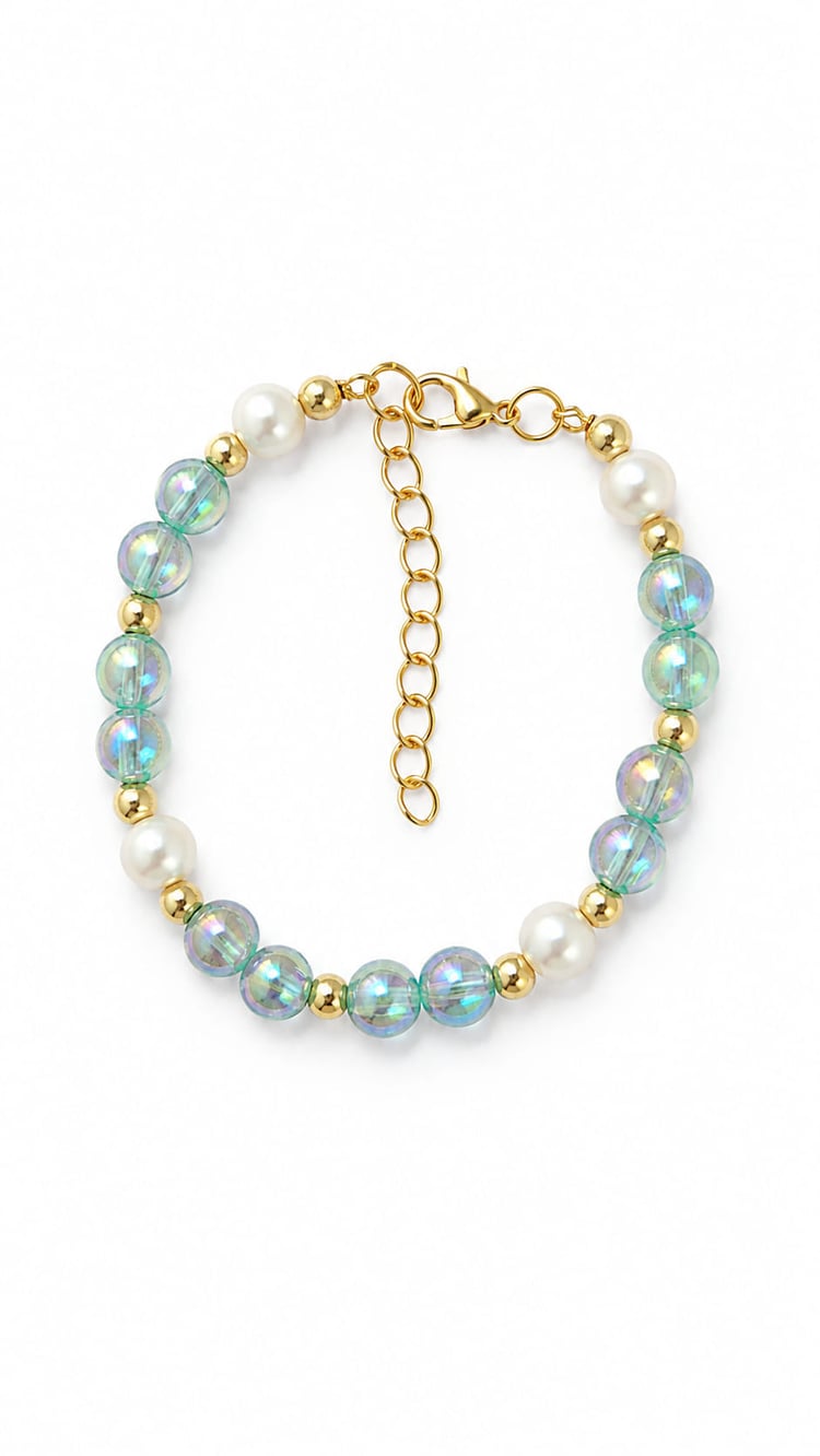 Handmade sea green iridescent and faux pearl bracelet with gold-tone accents