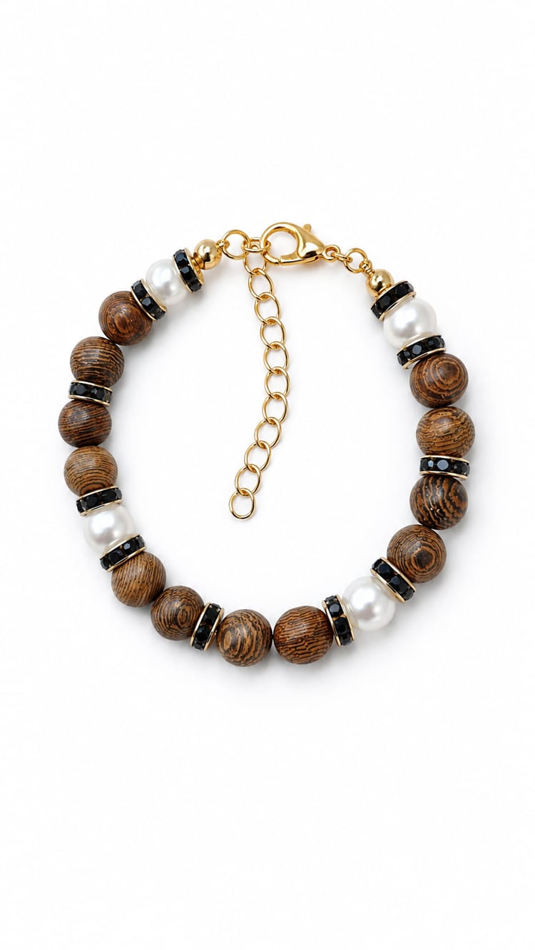 Handmade dark wood and faux pearl bracelet with black sparkling spacers and gold-tone chain