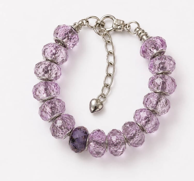Handmade faceted purple glass bead bracelet with silver-tone extender chain