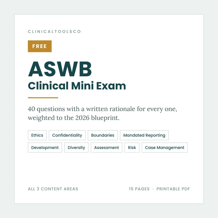 Cover of Free ASWB Clinical Practice Test 2026, 40 Questions with Rationales