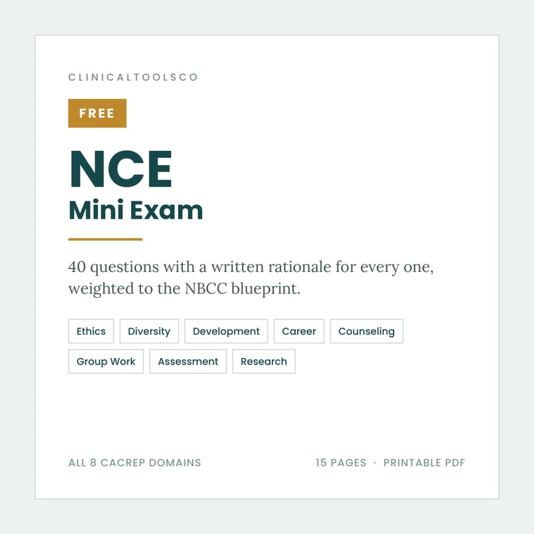 Cover of Free NCE Practice Test 2026, 40 Questions with Rationales