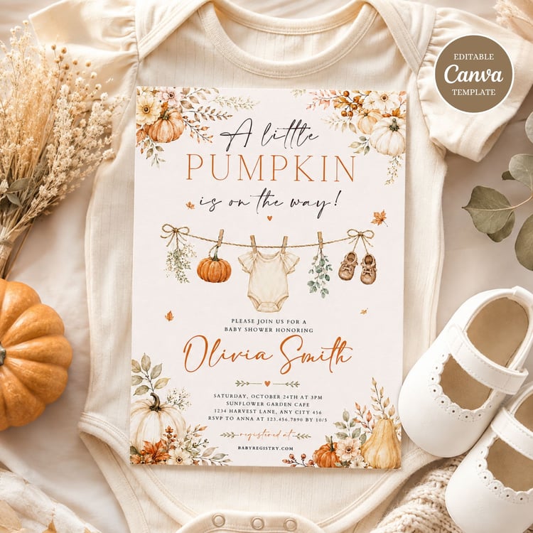 Little pumpkin baby shower invitation with an elegant fall pumpkin theme, editable Canva template for a printable baby shower invite