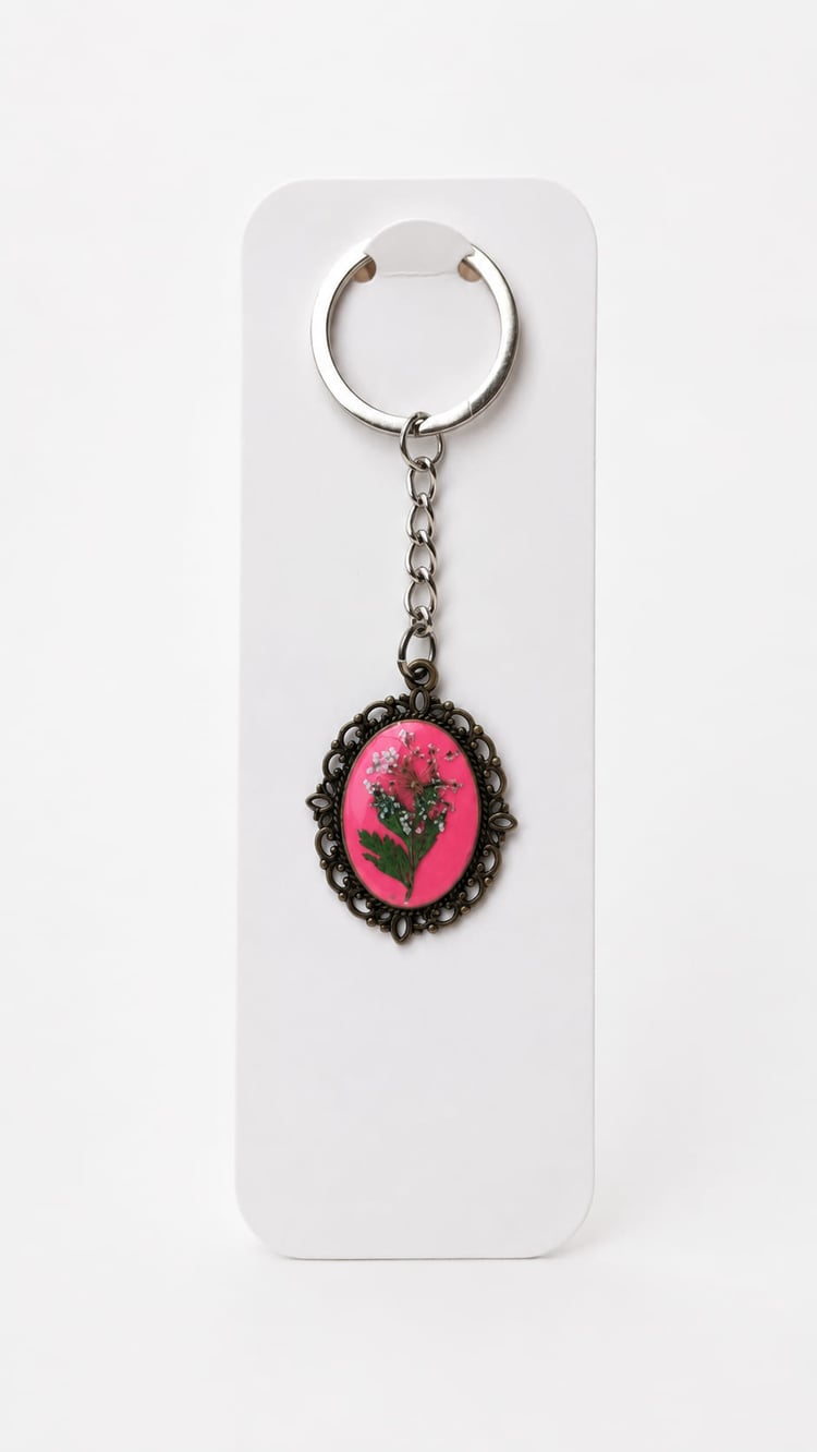 Front view of an antique bronze vintage-style keychain on a white backing card, showcasing real pressed white meadow flowers and green leaves preserved in glossy fuchsia pink resin inside an oval filigree bezel.
