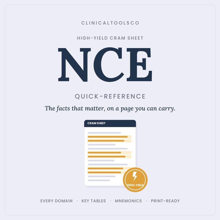 Cover of NCE Cram Sheet 2026, High Yield Facts and Mnemonics