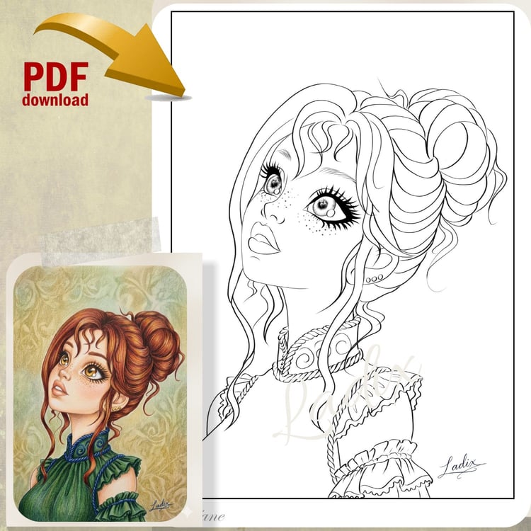 Illustration line art à télécharger – coloriage adulte – dessin manga femme – art numérique imprimable – portrait féminin poétique
