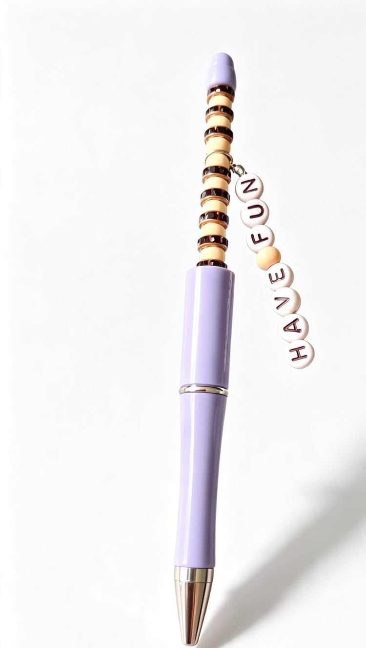 Front close-up view of a pastel purple beaded pen standing against a white backdrop, showcasing an intricate stack of cream and striped beads with a dangling alphabet charm that spells out "HAVE FUN".