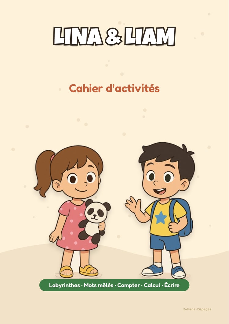 Lina & Liam - Cahier d'Activités imprimable pour enfants - couverture du cahier