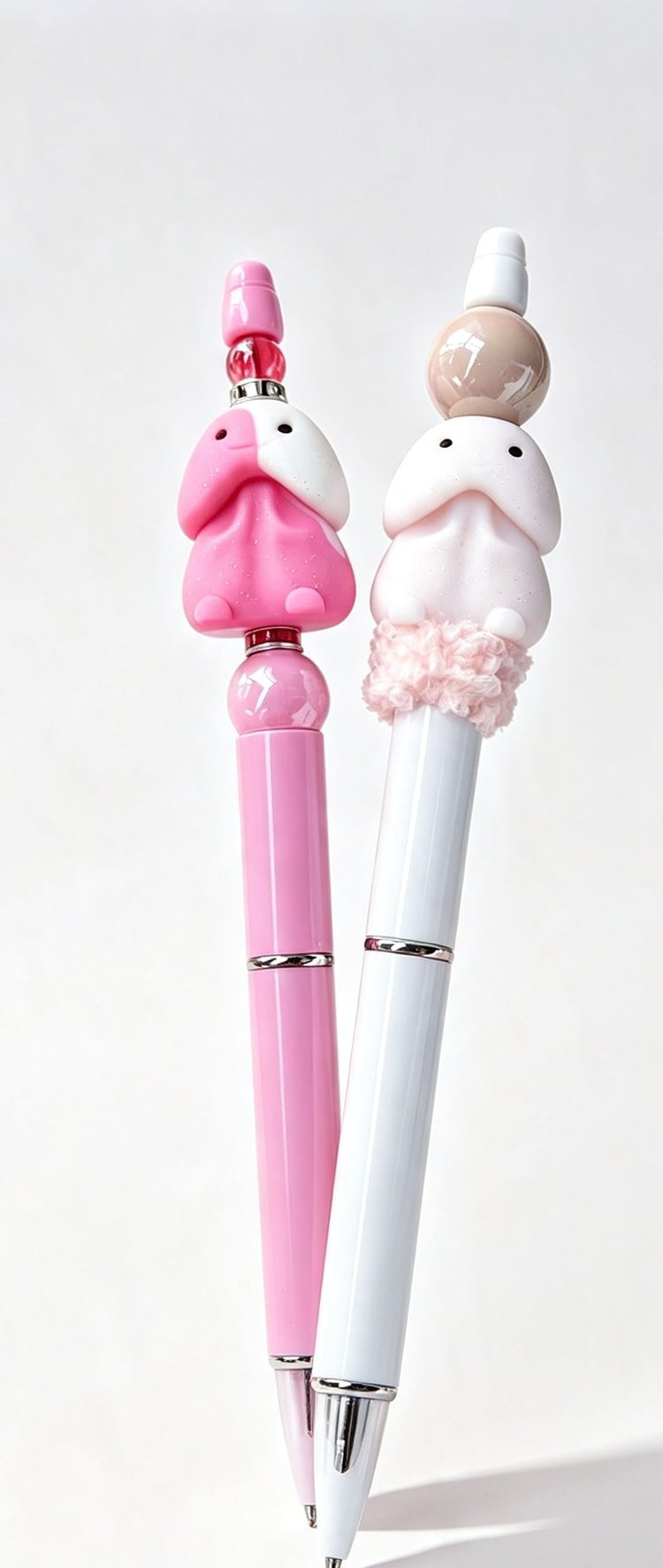 Close-up view of two handmade beadable pens from Sparkling Resin Delights, featuring pink and white barrels topped with cheeky pink and cream adult humor silicone focal beads, rhinestone spacers, and a fluffy pink pom-pom accent.