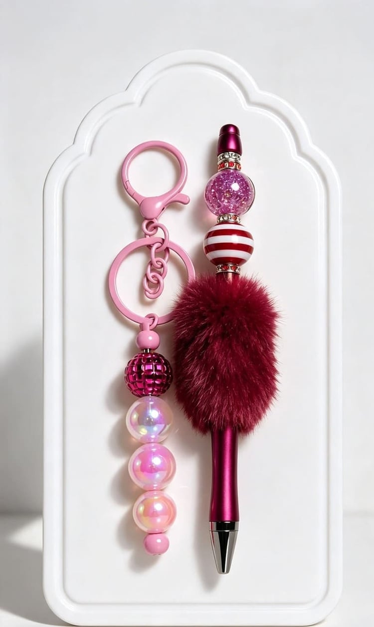 Handmade matching stationery set from Sparkling Resin Delights featuring a berry pink beadable pen with a burgundy faux fur pom-pom and a matching pink keychain with iridescent pearl beads on a white display stand.