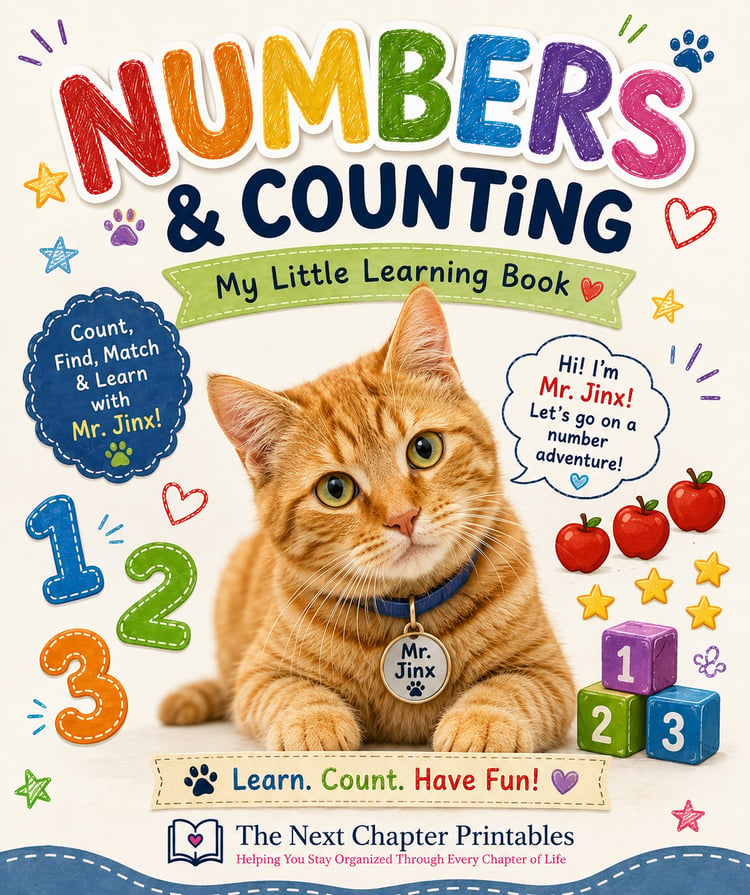 Mr. Jinx Numbers and Counting printable learning book cover with numbers and an orange tabby cat