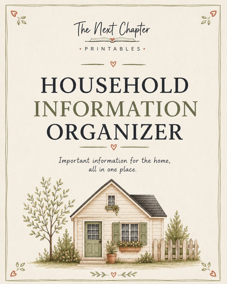 The Next Chapter Household Information Organizer printable cover with a cozy home illustration