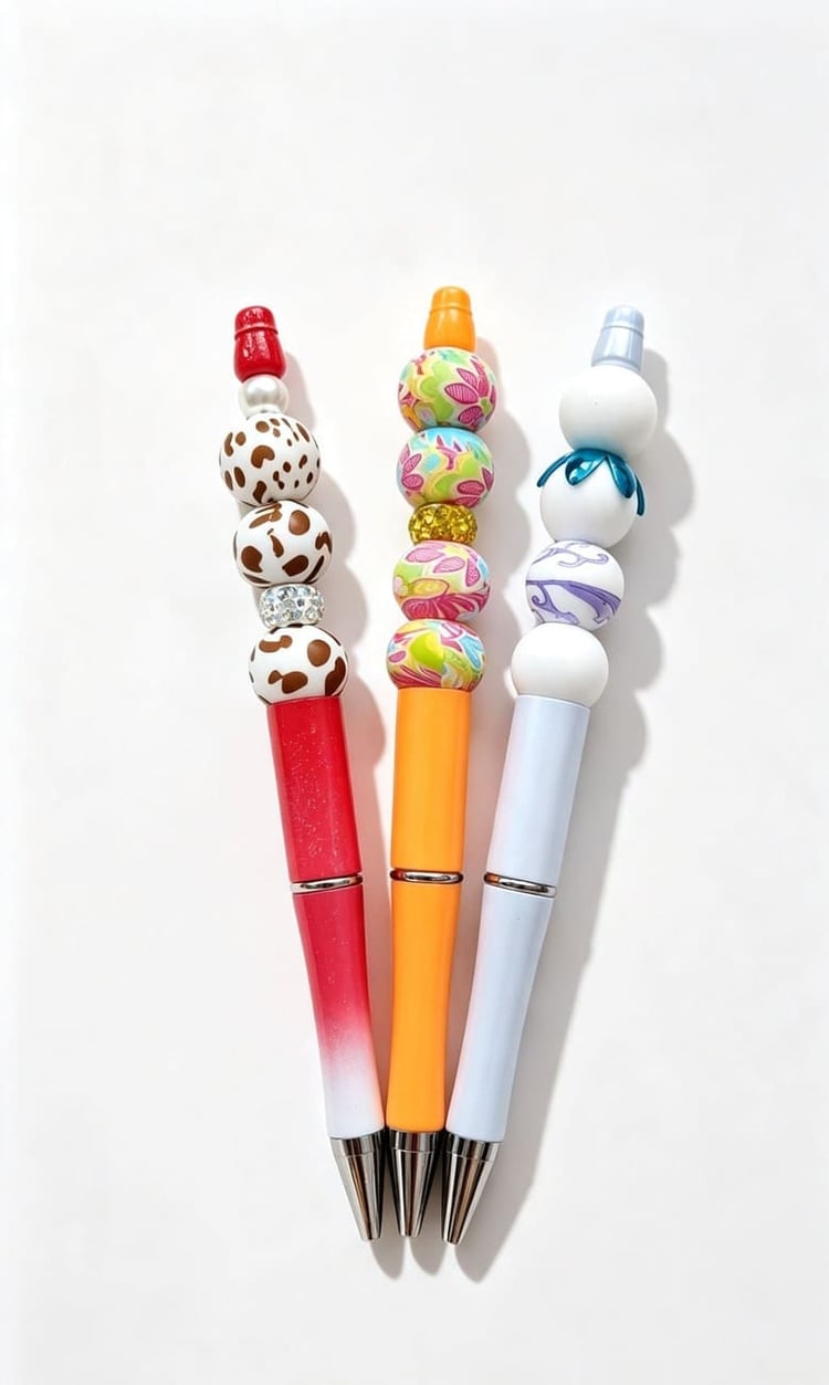 Three custom handmade beaded pens from Sparkling Resin Delights showcasing red cow print, orange abstract tropical floral, and white purple marble designs arrayed on a bright white background.