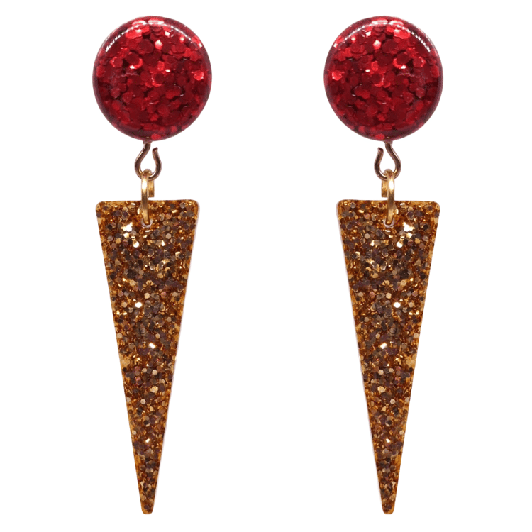 Retro 1970's Style Disco Glamrock Earrings Red Gold Glitter by Atomic Cat
