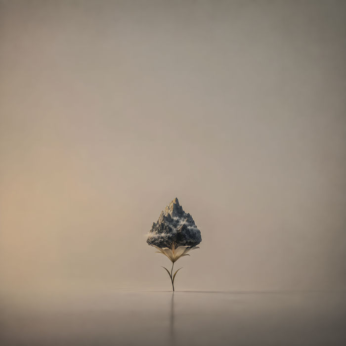 Minimal surreal art flower holding mountain - Ai Generated