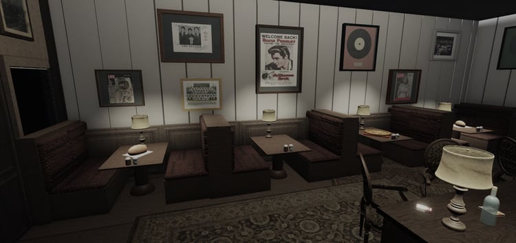 Roblox lounge interior with booths, tables, rugs, and decorative bottles