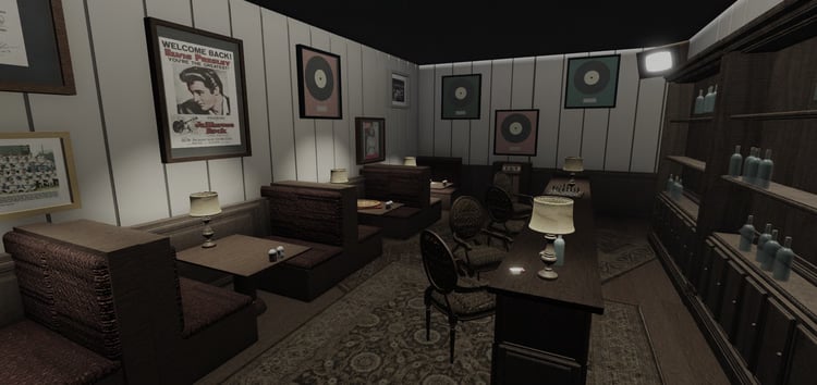 Roblox lounge room featuring framed records, posters, and table lamps