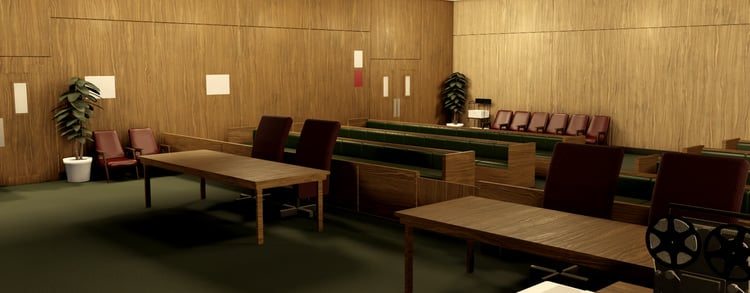 1980s-inspired courtroom with wooden walls