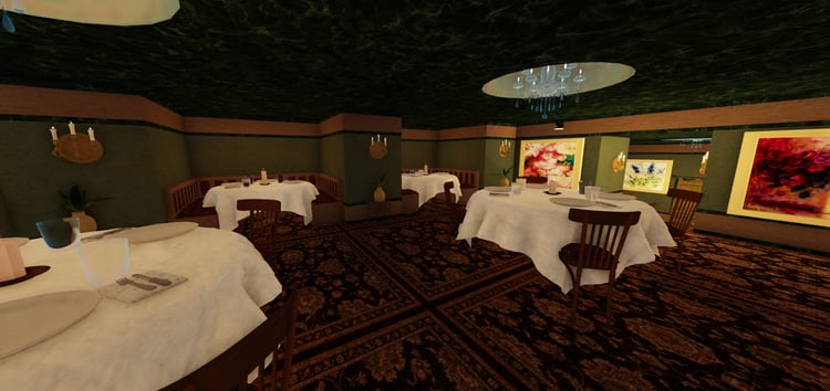Tuscan restaurant dining room with tables and vintage rugs