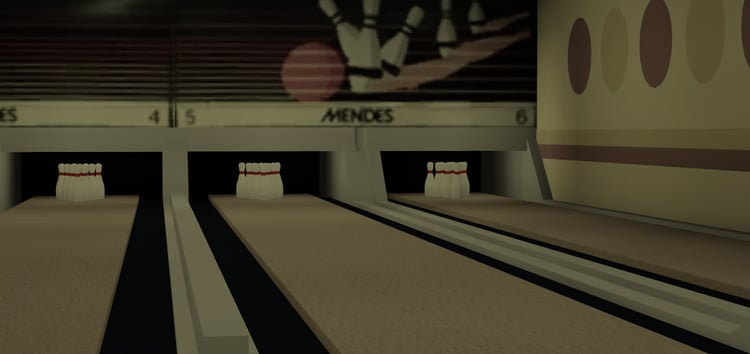Detailed retro bowling alley interior with multiple bowling lanes