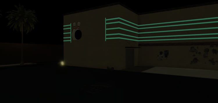 Vintage bowling club exterior with illuminated architectural details in Roblox