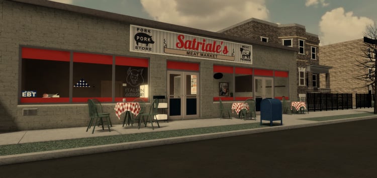 Detailed butcher shop storefront with outdoor seating