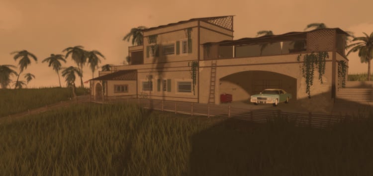 Detailed 1970s Italian island villa exterior with vintage car