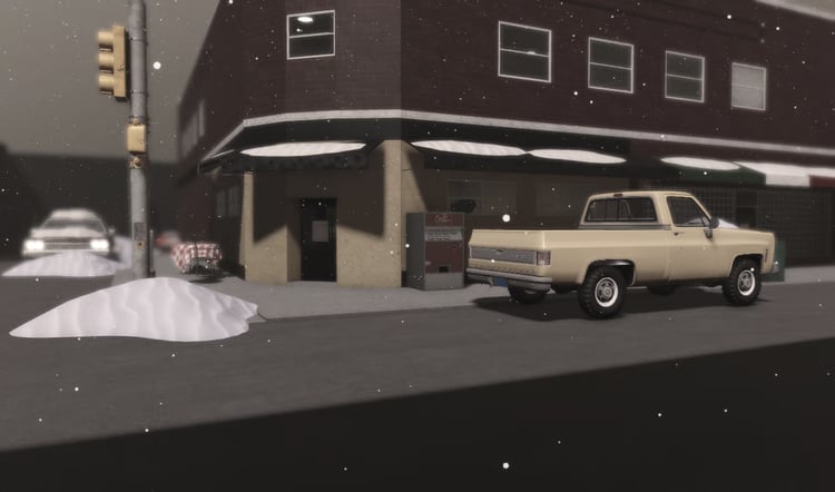Roblox snowy retro café exterior with vintage vehicle