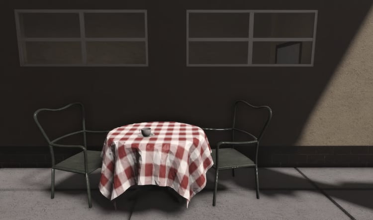 Snow-covered Roblox café parking area with detailed vehicles