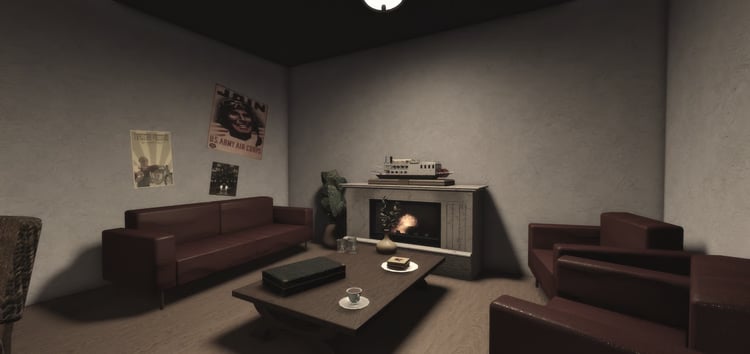 Vintage social club living room with fireplace and sofas