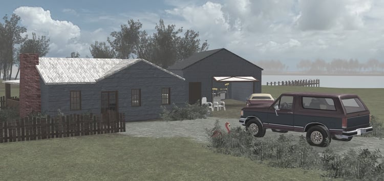 Arizona rural neighborhood with five detailed houses and period vehicles