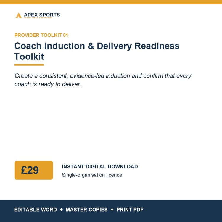 APEX Coach Induction & Delivery Readiness Toolkit digital toolkit for coaches and sport providers.