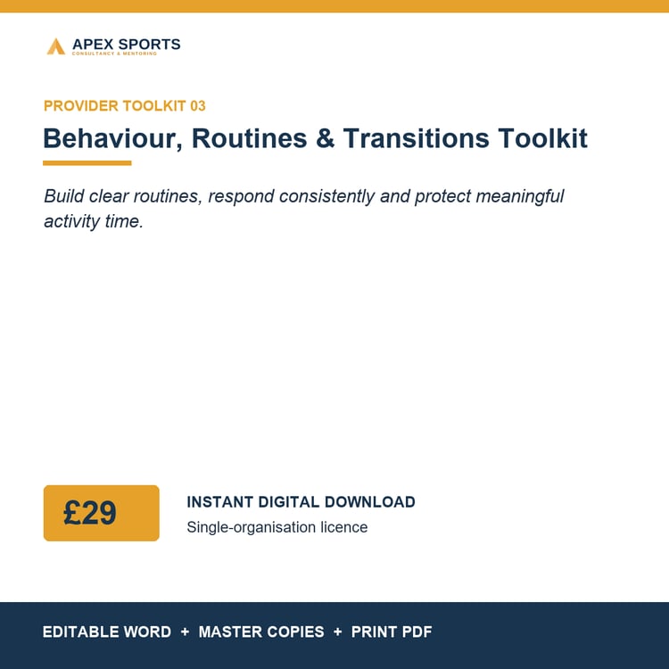 APEX Behaviour, Routines & Transitions Toolkit digital toolkit for coaches and sport providers.