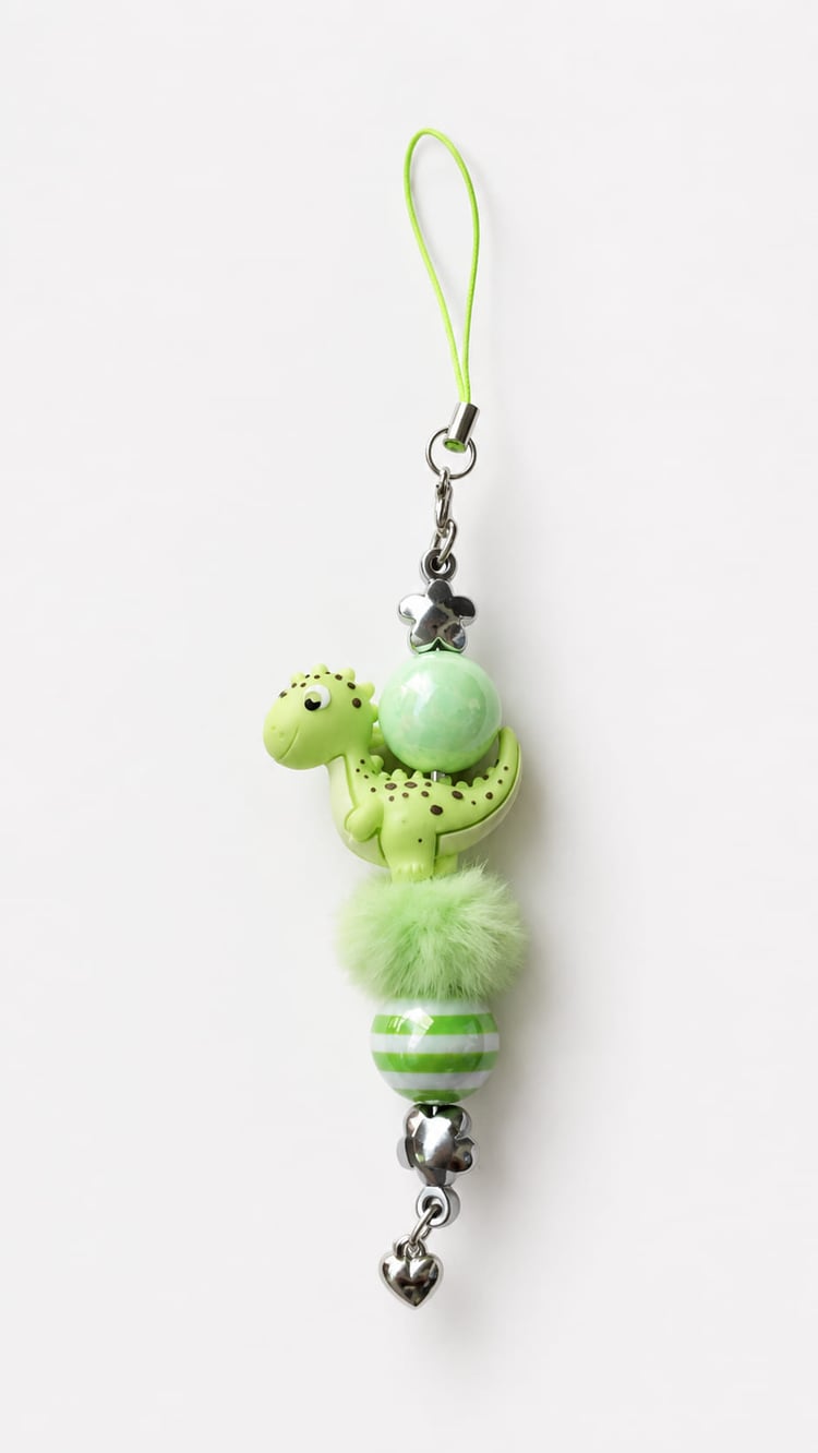 Close-up layout of a playful lime green dinosaur phone charm by Sparkling Resin Delights, featuring a cartoon silicone dinosaur focal bead, a soft green pom-pom, a green and white striped bead, silver flower spacers, and a metallic heart dangle on a light