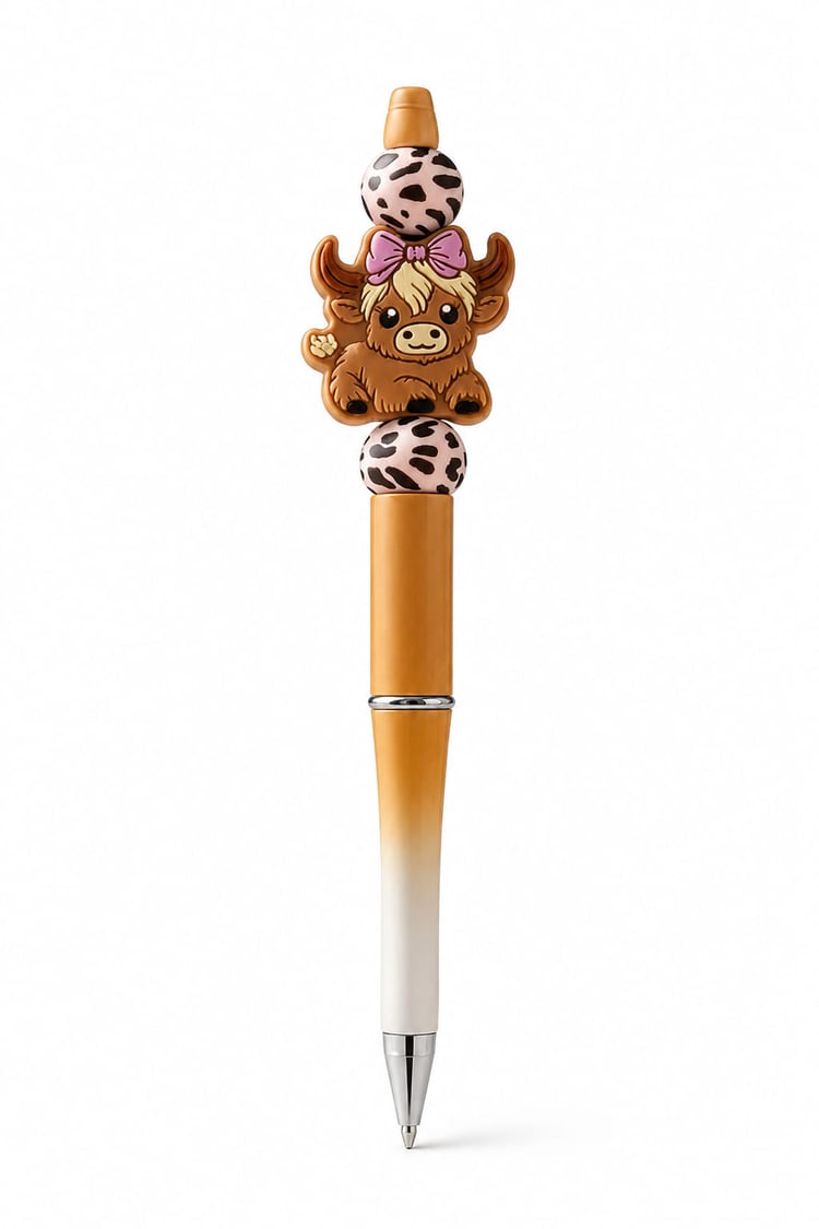 Handmade custom beaded pen from Sparkling Resin Delights featuring a tan gradient barrel, a silicone Highland cow focal charm with a pink bow, and leopard print beads.