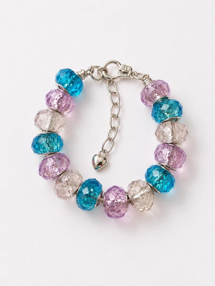 Blue and purple European charm bracelet with faceted beads and silver-tone extender chain