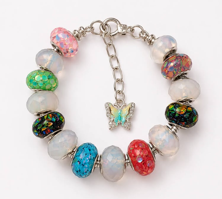 Colourful European-style charm bracelet with butterfly charm and silver-tone chain