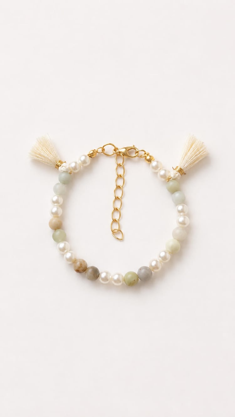 Handmade Pearl and Meadow bracelet with gemstone beads, faux pearls and cream tassels