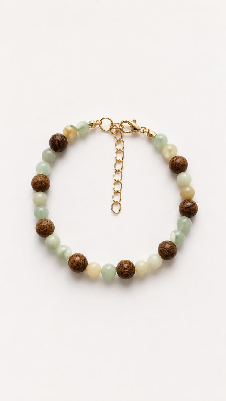Handmade Sunset Jasper and natural wood bead bracelet with gold-tone extender chain.