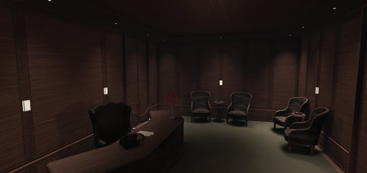 Dark wood-paneled office with fireplace and antique armchairs