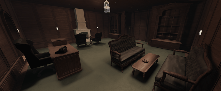 Executive office with fireplace, wooden furniture, and showcases