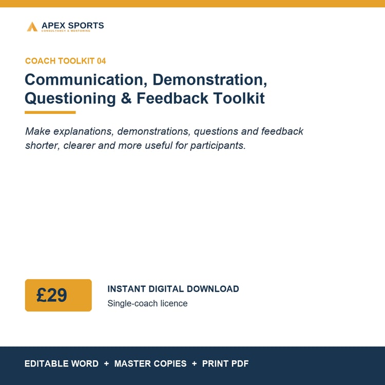 APEX Communication, Demonstration, Questioning and Feedback digital toolkit for coaches.